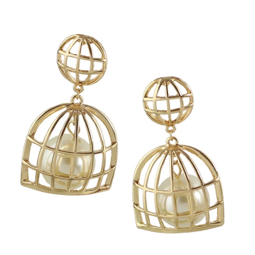 Gold Pearl Bird Cage Earrings